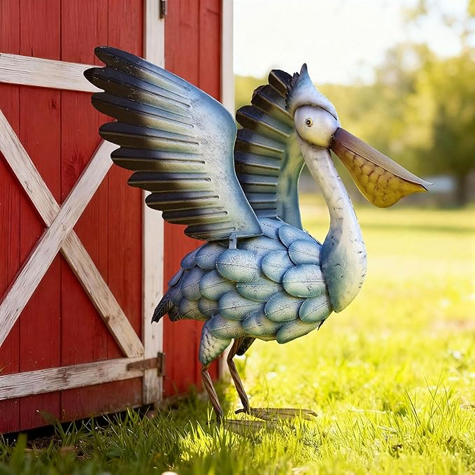 18.5" Metal Pelican Yard Decor - Handmade Large Coastal Ocean Bird Sculptures with Stable Ground Stakes, Backyard Decoration, Metal Garden Art