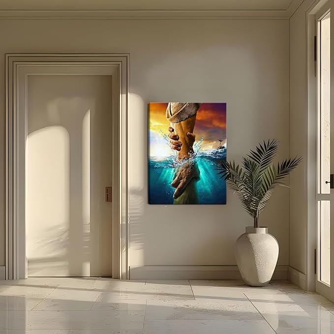 Framed Jesus Christian Canvas Wall Art, The Hand of God Jesus Reaching Into Water Religious Wall Decor Paintings, Blue Ocean Bible Pictures Posters Prints for Church Living Room Bedroom 16x24 Inch