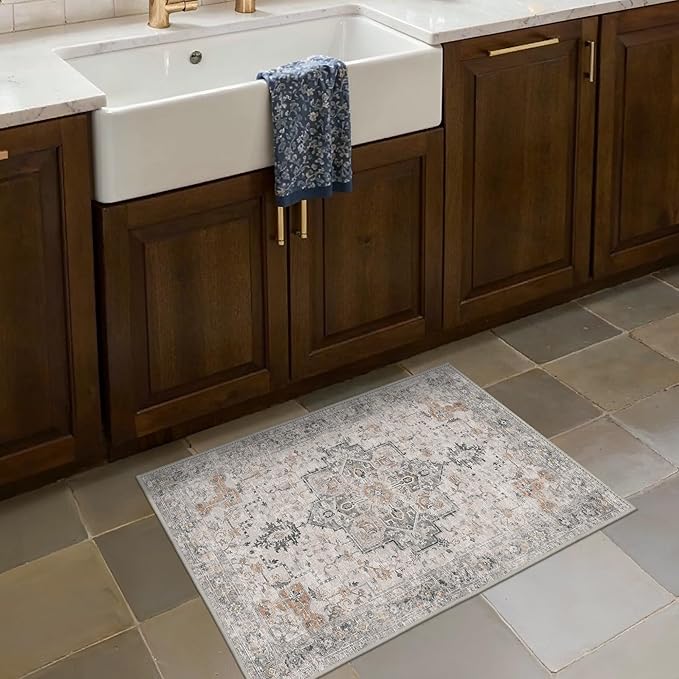 BESBLEE Area Rug 2x3 Doormat, Machine Washable Low Pile Rugs, Small Retro Entryway Mat for Entrance, Hallway, Kitchen and Corridor, Light Taupe Brown