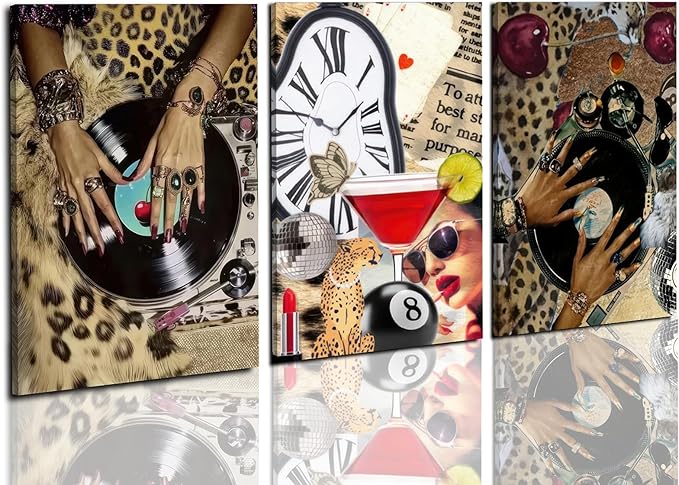 3 Pcs Leopard Wall Art , Black Woman Cheetah Print Room Posters Print Lucky 8 Ball Art, Funky Women's Aesthetic Room Pictures Girls Dorm Canvas Wall Art Decor for Dorm, Apartments, Bathroom, Bedroom 16*24 in