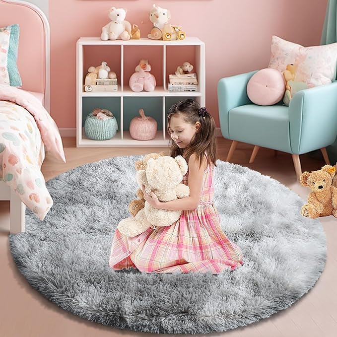 Tie-Dyed Fluffy Round Rug,Soft Area Rugs for Girls Room,Shaggy Rugs 4'X4' for Living Room,Non Slip Circle Rug for Kids Bedroom,Shag Plush Nursery Rug,Plush Carpet for Dorm,Furry Room Decor,Light Grey