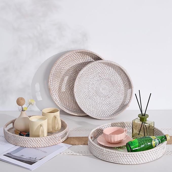 Round Rattan Serving Tray,Hand-Woven Tray with Handles, Ottoman Decorative Coffee Table Tray,Wicker Storage Basket for Tea,Fruit,Bread (Whitewash, 11.8")