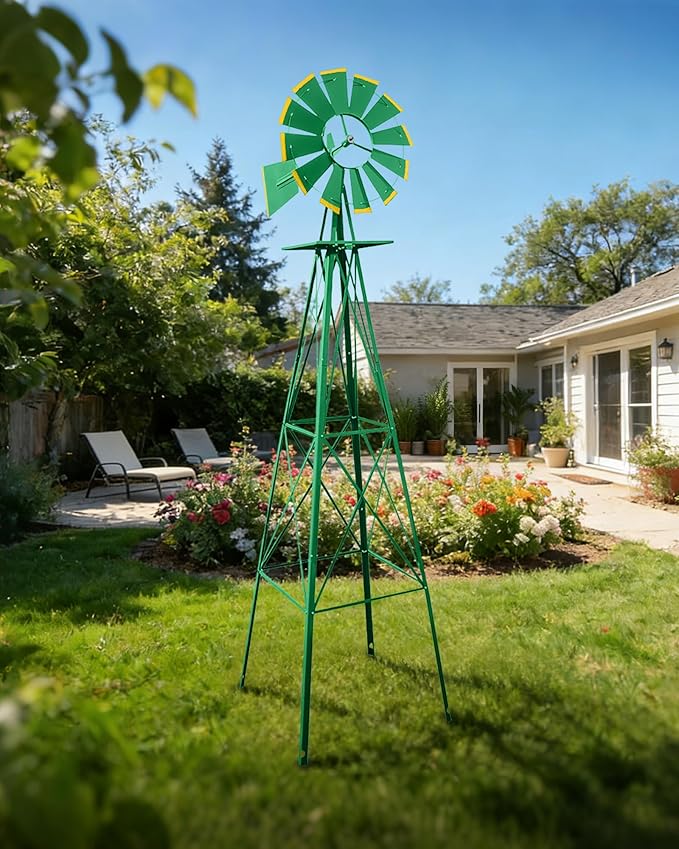 8FT Windmill for Yard Garden Decoration with Weather Vanes，Heavy Duty Outdoor Wind Mills, Large Metal Outdoor Windmill, Weather Resistant,Green