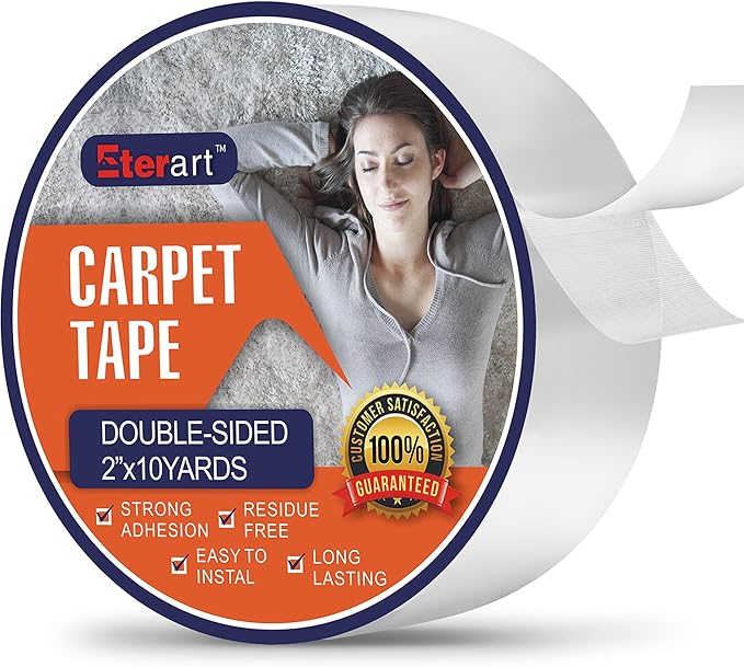 Eterart Double Sided Carpet Tape Heavy Duty for Area Rugs,Tile Hardwood Floors,Over Carpet,Rug Tape High Adhesive and Removable,Strong Sticky Tape,Residue Free,2 Inches x 10 Yards,White