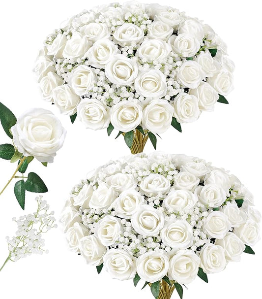 HyeFlora 35 PCS Artificial White Roses with 15 PCS Fake Baby Breath Realistic Fake Flowers Bouquet with Stem for DIY Wedding Party Home Decoration Vase Tables Centerpieces Arrangements Gift for Her