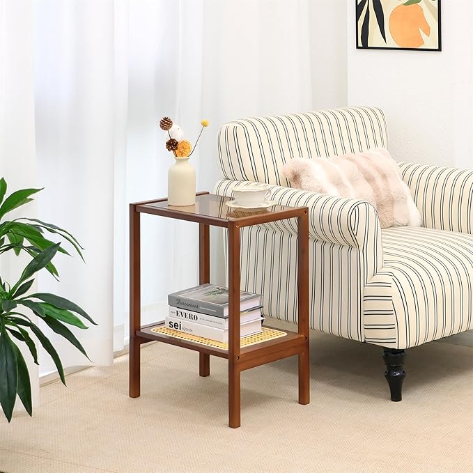 2-Tier Bamboo Side Table, Modern Glasstop Rattan Side Table, Mid Century Wood Sofa-Side End Tables for Living Room, Bedroom Night Stand with Storage, Small Narrow Coffee Tables, Walnut