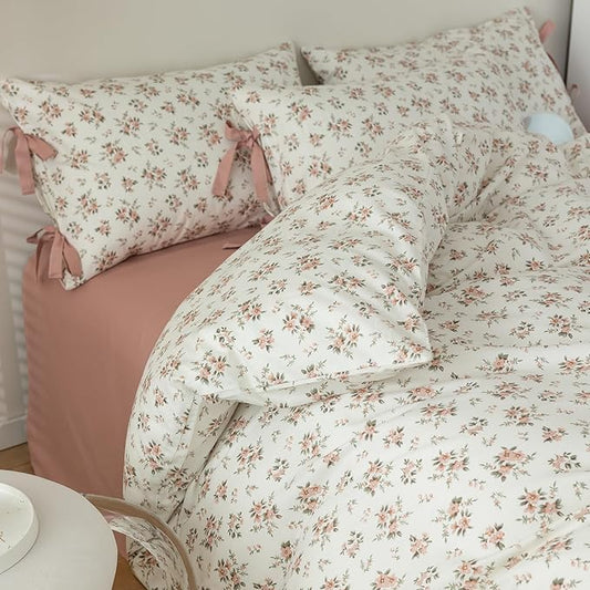 Girls Pink Flower Duvet Cover Set Twin XL Cute Floral Cottagecore Bedding Set Soft Cotton Aesthetic Botanical Duvet Cover Vintage Country Style Peach Floral Comforter Cover with Zipper Closure Twin XL