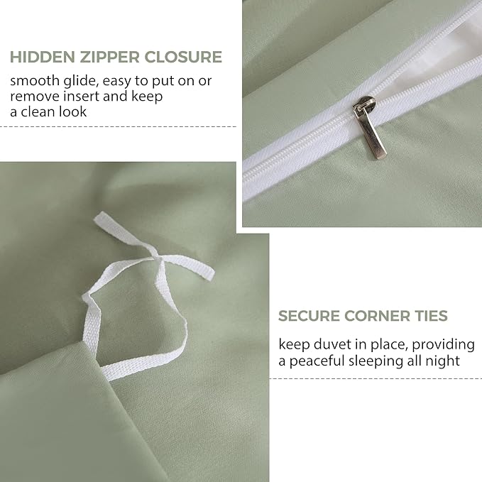 JSD Sage Green Duvet Cover Set King Size, 3 Piece Duvet Cover with Pillow Shams, Soft Brushed Microfiber Zipper Closure, Comforter Not Included