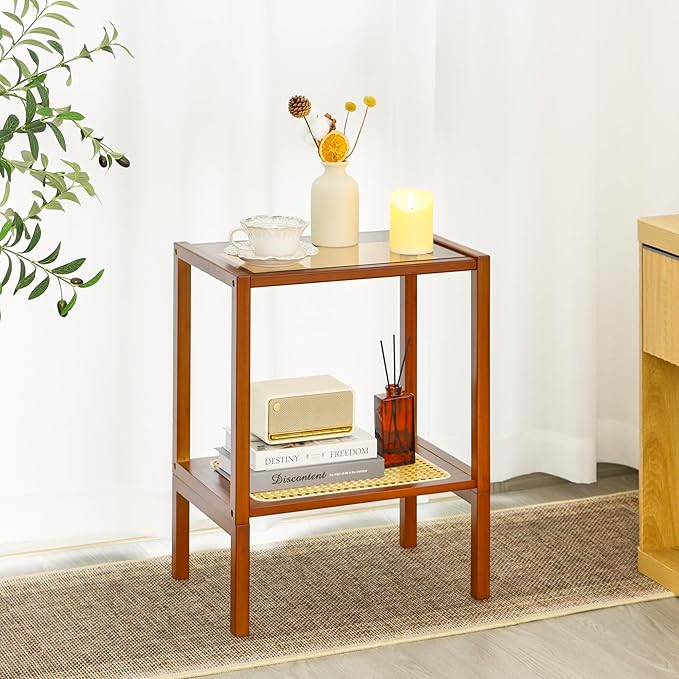 2-Tier Bamboo Side Table, Modern Glasstop Rattan Side Table, Mid Century Wood Sofa-Side End Tables for Living Room, Bedroom Night Stand with Storage, Small Narrow Coffee Tables, Walnut