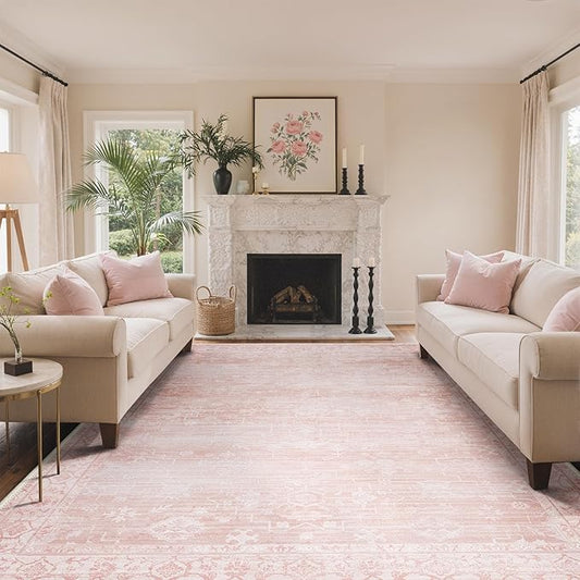 GENIMO 6x9 Area Rugs for Living Room,Machine Washable Non-Slip Vintage Rug, Low Pile Lightweight Carpet for Bedroom, Dining Room, Home Office, Stain & Fade Resistant,Pink