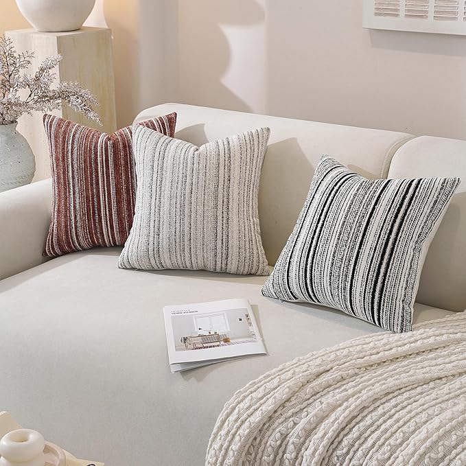 QDTTSRY Chenille Throw Decorative Pillow Covers 20x12 Set of 2, Textured Striped Boho Couch Pillow Covers, Cozy Neutral Farmhouse Cushion Cover for Couch Sofa Bedroom Living Room, Colorful Coffee