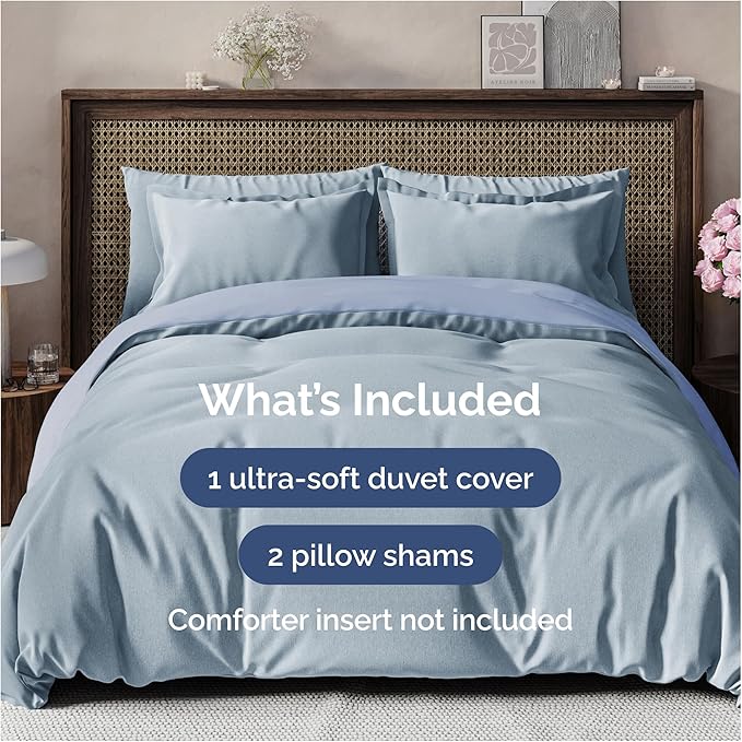 CGK Unlimited Duvet Cover Full Size Set - Extra Soft Full Size Duvet Cover 80 x 90 with 2 Pillow Shams - Hotel Quality w/Zipper Closures & Ties - Bedding and Bed Linens Set (Heathered Blue)