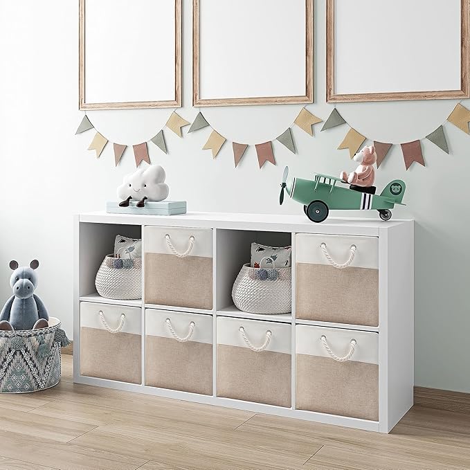 Collapsible Storage Bins, 4 Pack 11 x 11 Inch Foldable Fabric Cube Baskets with Cotton Rope Handles for Organizing Clothes, Toys, Books, Office, Closet (White&Beige-11"x11"x11")