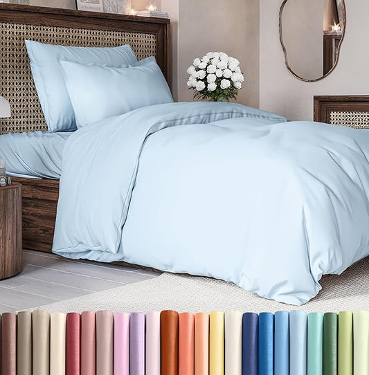 Duvet Cover Twin/Twin XL Size Set - Extra Soft Duvet Cover 68 x 90 with 1 Pillow Sham - Hotel Luxury, Easy Care and Fade Free with Zipper Closures & Ties - Comfy, Breathable Bedding Set (Light Blue)