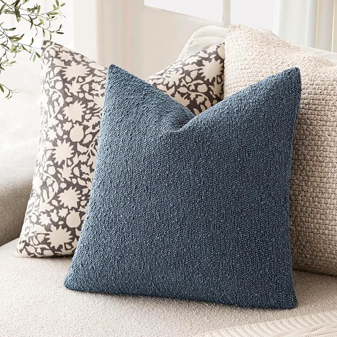 Foindtower Decorative Textured Boucle Throw Pillow Covers Accent Solid Pillow Cases Neutral Soft Cozy Couch Cushion Case for Chair Sofa Bedroom Living Room Home Decor 20x20 Inch,1PC,Dark Blue