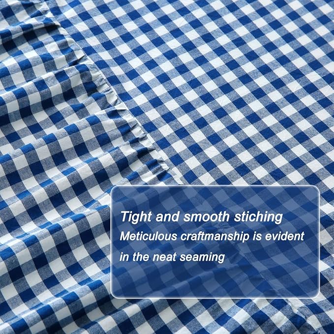 Silnuo Navy Blue/White Plaid Bed Skirt Washed Cotton Shabby Gingham Checkered Dust Ruffle King Size 18" Bedding(1 Bed Skirt Only)