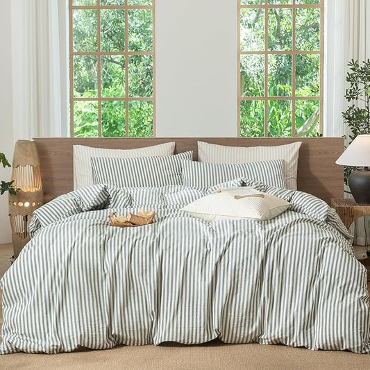 MooMee Striped Duvet Cover Set 100% Washed Cotton Linen Like Textured Breathable Durable Soft Comfy (Heathered Green Classic Stripes, Oversized Full 82"x86")