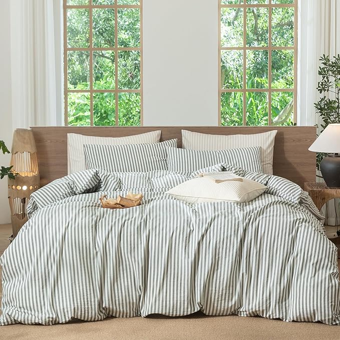 MooMee Striped Duvet Cover Set 100% Washed Cotton Linen Like Textured Breathable Durable Soft Comfy (Heathered Green Classic Stripes, Queen 90"x90")