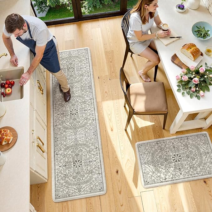 KIMODE Kitchen Mats for Floor Anti Fatigue, Boho Vintage Kitchen Rugs, Cushioned Kitchen Floor Mats, Comfort Standing Mat, Padded Kitchen Floor Mat for Sink Laundry Office Desk 20"x71"+20"x32" Grey