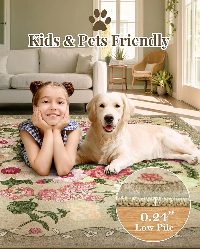 AREAMAY Floral Washable 5x7 Area Rugs - Living Room Rug Non Slip Low Pile Stain Resistant Carpets Indoor Vintage Flower Print Rug for Bedroom Dining Room Kitchen Home Office, Brown