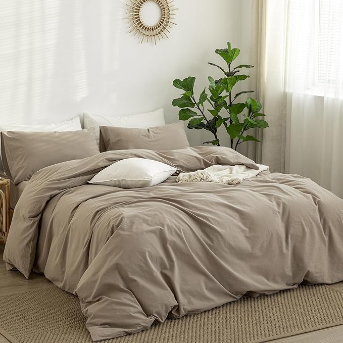 MooMee Bedding Duvet Cover Set 100% Washed Cotton Linen Like Textured Breathable Durable Soft Comfy (Solid Light Camel, Queen 90"x90")