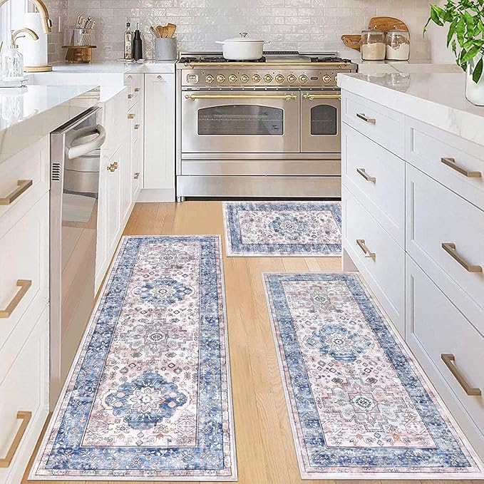 Pauwer Kitchen Rugs Sets of 3 Non Slip Washable Kitchen Mats for Floor Farmhouse Kitchen Floor Mat Runner Rug Boho Kitchen Sink Rug Carpet for Kitchen Hallway Laundry Room, Blue