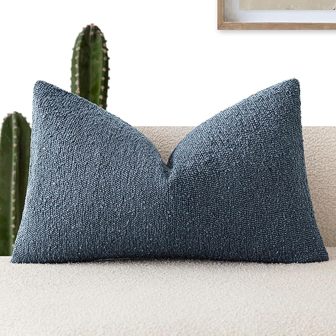 Foindtower Decorative Textured Boucle Throw Pillow Covers Accent Solid Lumbar Pillow Cases Soft Cozy Couch Cushion Case for Chair Sofa Bedroom Living Room Home Decor 12x20 Inch,1PC,Dark Blue