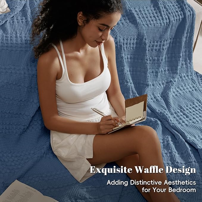 PHF 100% Cotton Waffle Weave Blanket Queen Size for Bed, Soft Lightweight & Breathable, All-Season Comfort, 300 GSM Luxury Aesthetic Blanket for Home Decor, 90"x90", Denim Blue