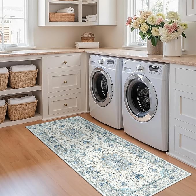 RELEANY Area Rugs 2'x6' Washable Non-Slip, Floral Vintage Distress Print Pattern Medallion Carpet for Living Room Bedroom Dining Room, Light Blue Navy Beige Gray White