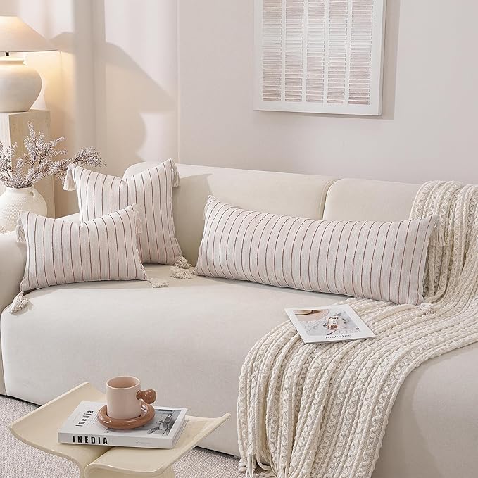 QDTTSRY Decorative Boho Throw Pillow Covers 18x18 Inch Set of 2, Textured Linen Striped Pillow Covers with Tassels, Soft & Cozy Farmhouse Decorative Pillow Cases for Sofa Couch Bed Living Room
