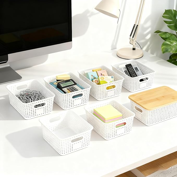 Plastic Storage Bins with Bamboo Lid - Stackable Pantry Storage Organizer with Lid - Storage Basket with Lable for Organizing: Small Storage Box for Shelves Cabinet Office Drawer Desktop 10x7x4in 6Pcs