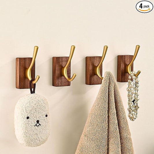 4 Pack Walnut Wood Wall Coat Hooks for Hanging, Adhesive Mounted & Wall Mount Heavy Duty Wooden Double Hook Hanger for Towel Backpack Hat Jacket Clothes Blanket Purse Robe Key Gold Hook
