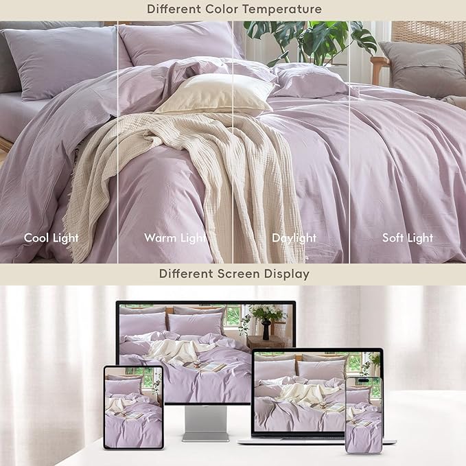 MooMee Bedding Duvet Cover Set 100% Washed Cotton Linen Like Textured Breathable Durable Soft Comfy (Heathered Light Purple, Palatial King/Oversized King 120"x98")