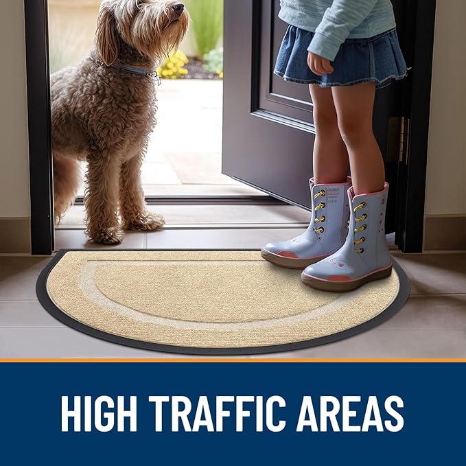 OLANLY Half Circle Door Mat Indoor Outdoor Entrance Welcome, Waterproof All-Season, All-Weather Doormat, Sturdy Natural Rubber, Low Profile, Easy Clean Patio Porch Entryway Mat, 47x32, Beige