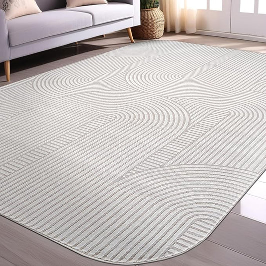 Beverly Rug Modern Geometric Area Rug 4x6 Low-High Pile Durable Soft Abstract Semi-Circles Indoor Rugs for Living Dining Room Office Stain Resistant Non Shedding Indoor Carpet Beige White 4 x 6