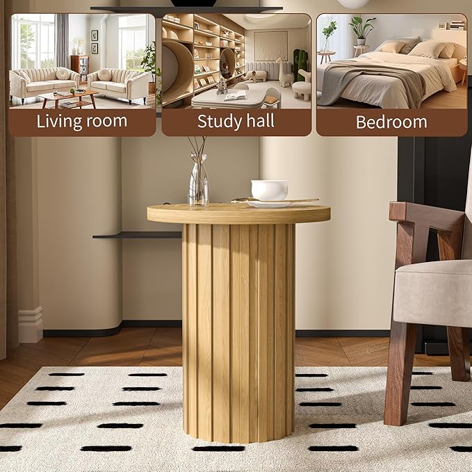 Farmhouse Pedestal End Table Round Side Table with Fluted Panel Rustic Drink Table for Small Space Living Room (Wood Color)