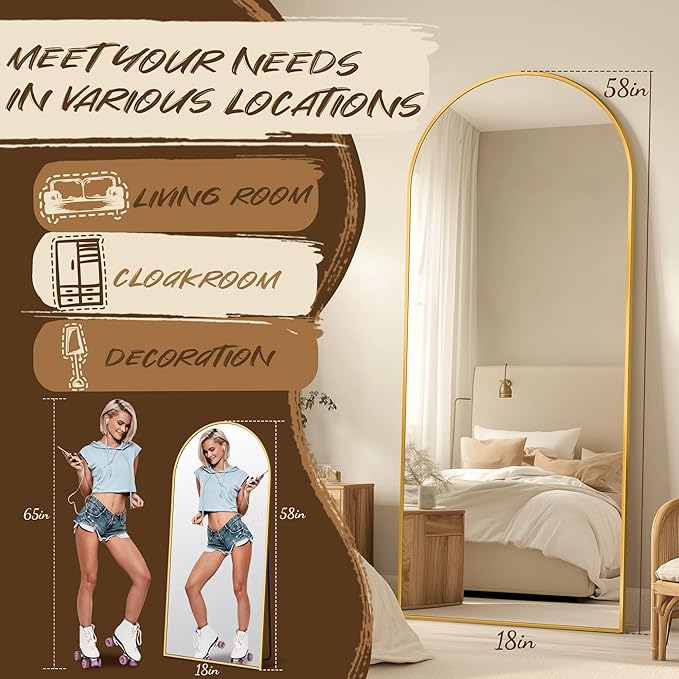 Antok Full Length Mirror, 58"x18" Arched Floor Mirror, Mirror Full Length with Stand, Wall Mounted Mirrors for Living Room Bedroom, Gold