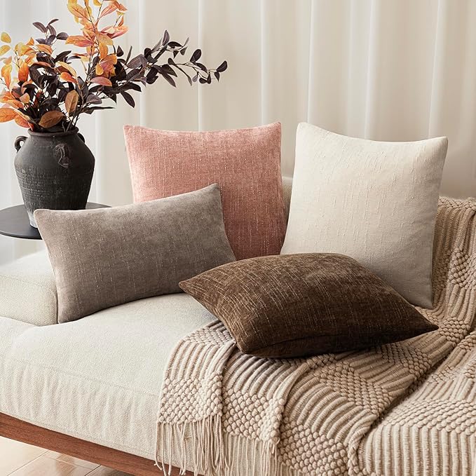 Foindtower Pack of 2 Textured Chenille Throw Decorative Pillow Covers Square Accent Solid Cushion Cover Neutral Farmhouse Pillow Case for Couch Sofa Bedroom Living Room 18x18 Inch,Dusty Pink