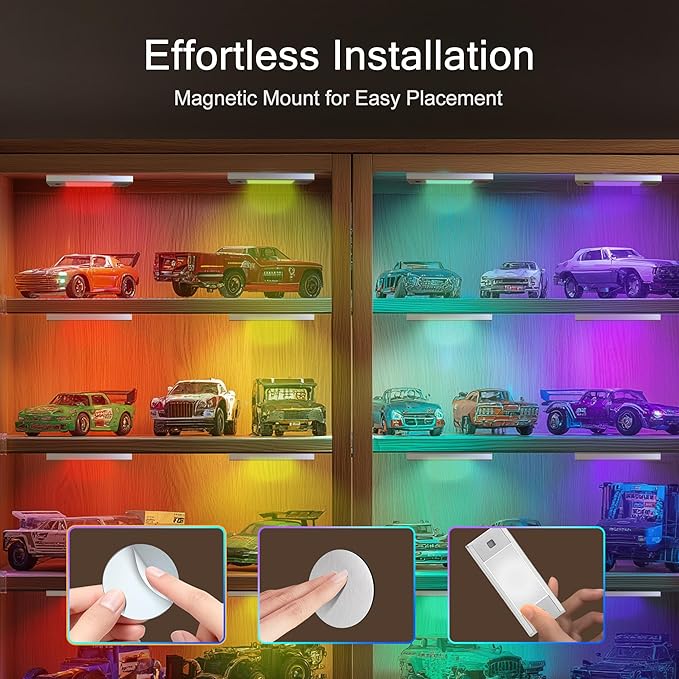 V4light RGB Motion Sensor Night Light, 6-Color Rechargeable Stair Lights, Magnetic Stick-On LED Bookshelf Light with Auto-Off, Touch Control, for Hallway, Stairs, Display Cabinet (6-Pack)