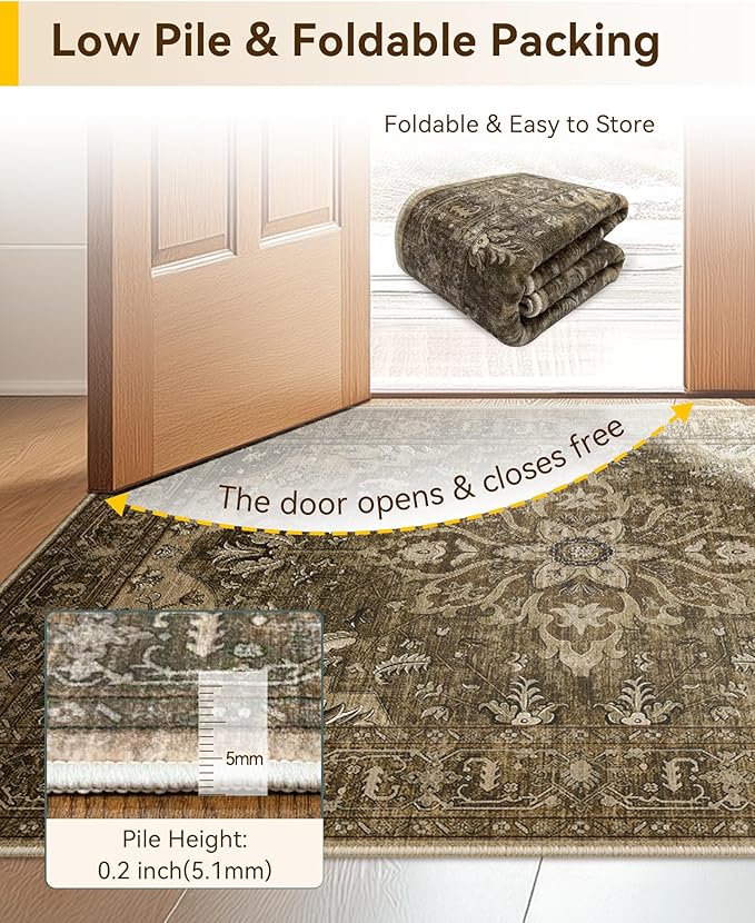 RELEANY Area Rugs Round 6ft Washable Non-Slip, Floral Vintage Distress Print Pattern Medallion Carpet for Living Room Bedroom Dining Room, Brown Dark Brown