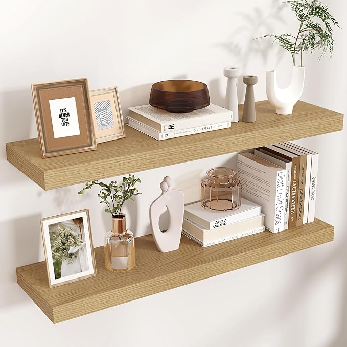 Floating Shelves for Wall, Engineered Wood Wall Shelves with Invisible Brackets for Living Room Bedroom Bathroom Office Kitchen Decor and Storage (Oak, 36" W x 9" D x 1.5" H) Set of 2