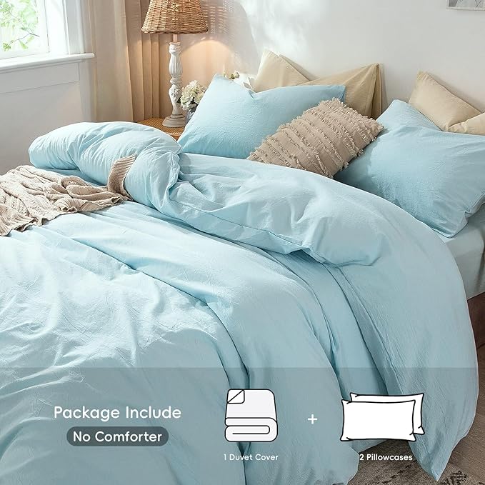 MooMee Bedding Duvet Cover Set 100% Washed Cotton Linen Like Textured Breathable Durable Soft Comfy (Heathered Light Blue, Queen 90"x90")