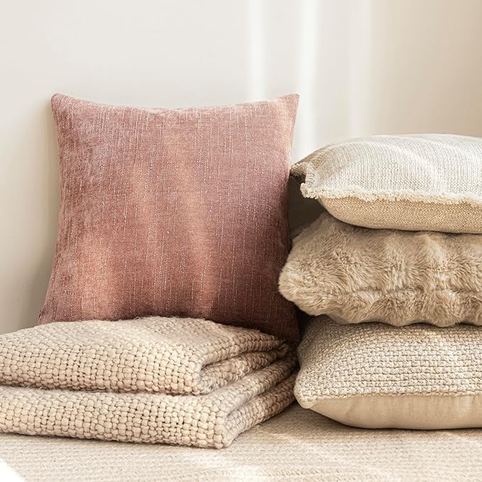 Foindtower Pack of 2 Textured Chenille Throw Decorative Pillow Covers Square Accent Solid Cushion Cover Neutral Farmhouse Pillow Case for Couch Sofa Bedroom Living Room 18x18 Inch,Dusty Pink