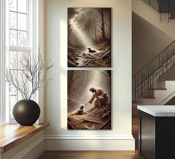 2Pcs Jesus and Lamb Wall Art The Good Shepherd Wall Decor Religious Christian Canvas Painting Jesus Saves the Lost Sheep Poster Prints for Church Bedroom Living Room Home Decoration 12"x16"