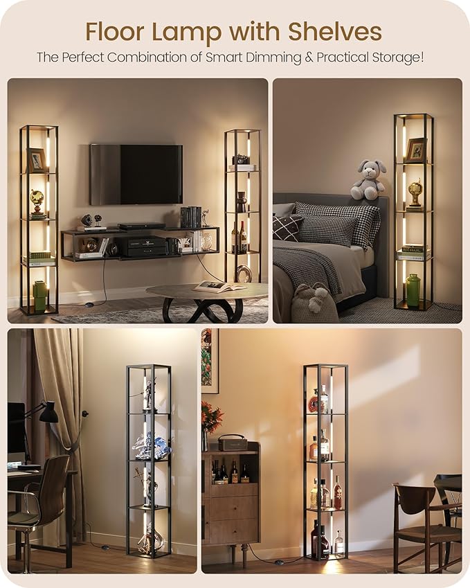 GOEBLESON 64.2" Display Shelf with Light, Modern Corner Floor Lampe with Shelves, LED Dimmable Standing Lamp with Remote for Living Room, Bedroom, Office, Adjustable CCT, Black Square B51LD05
