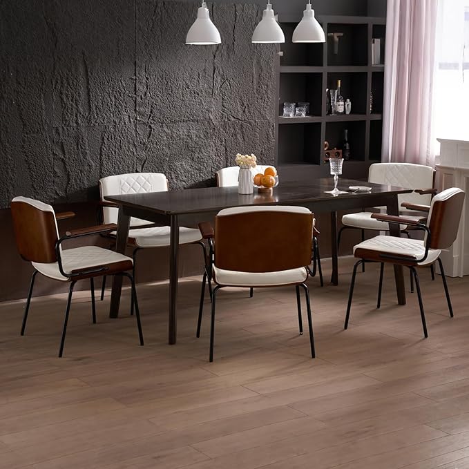 iMenting Upholstered Dining Chair with Arms Modern Kitchen & Dining Room Chair Set 2 Leather Dining Chair for Dining Table Leather Chair Set of 2 for Kitchen Living Room, White with Black Leg