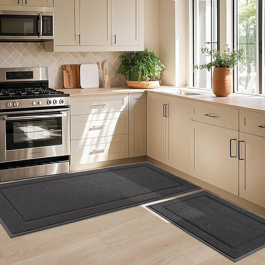 JSEI Non-Slip Kitchen Mats, Self Adhesive No Sliding Kitchen Rugs Set of 2, Washable Absorbent Floor Mat for Kitchen, Bathroom, Laundry Room, Bedroom, 24”x36”+24”x60”, Dark Grey, Rectangular Pattern