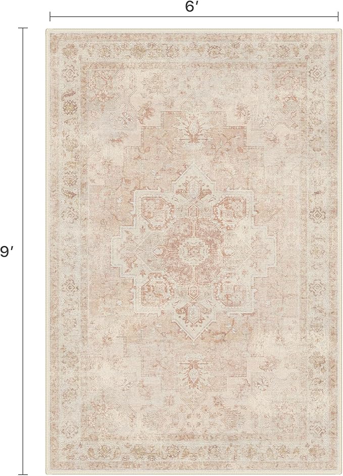 BESBLEE 6x9 Area Rugs for Living Room, Machine Washable Rug, Non Slip Vintage Rugs, Low Pile Lightweight Print Rug for Bedroom, Dining Room, Home Office, Pink