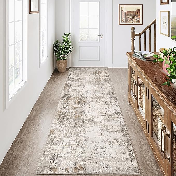 WondRg 3x7 Washable Runner Rug Brown Grey Abstract Hallway Kitchen Throw Rug Neutral Modern Non Slip Soft Low Pile Carpet for Bathroom Laundry Bedroom Living Room