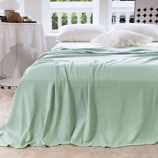 AmyHomie Cooling Blanket King Size, 100% Rayon Derived from Bamboo, Cool Summer Blanket for Hot Sleepers Soft Comfy Waffle Lightweight Blankets for All Seasons(108×90in,Sage Green)